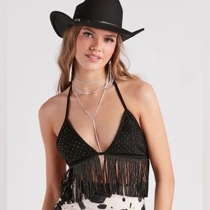 Rodeo Rhinestone Fringe Black Halter Top